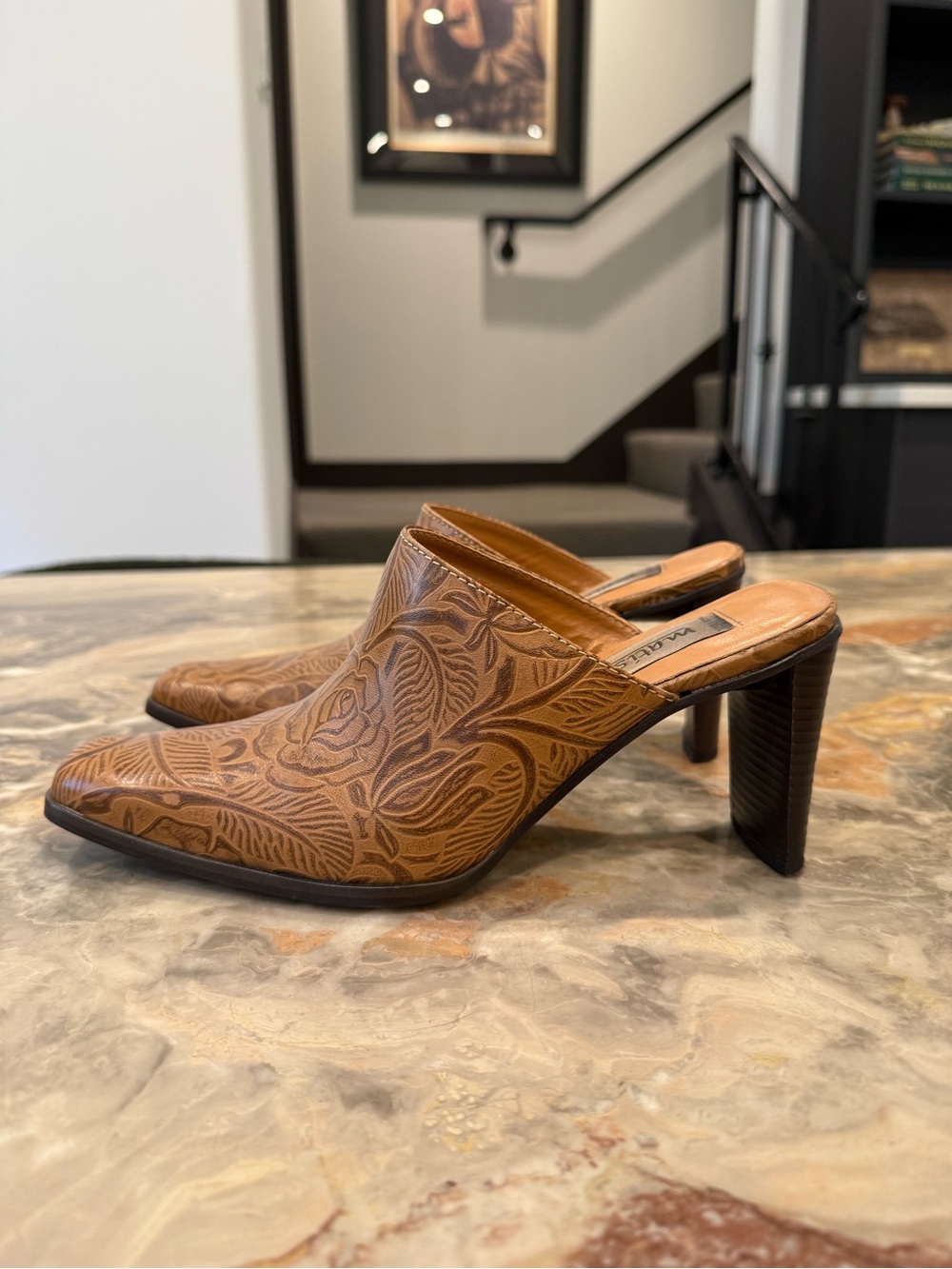 Vintage Matisse Cognac Tooled Leather Square Toe Mule Heels Size 8 Boho Western - Picture 2 of 9
